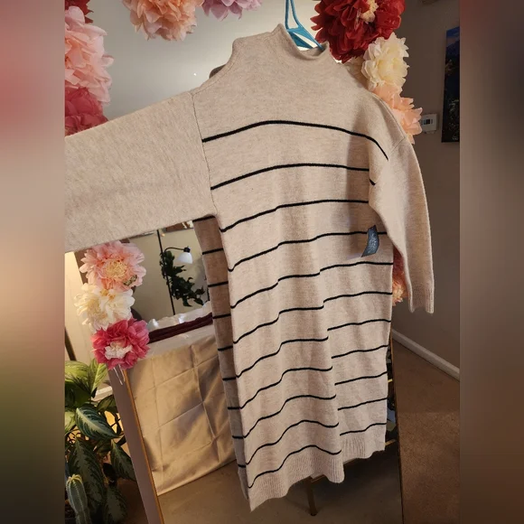 Striped Beige Sweater Dress - Picture 2 of 4
